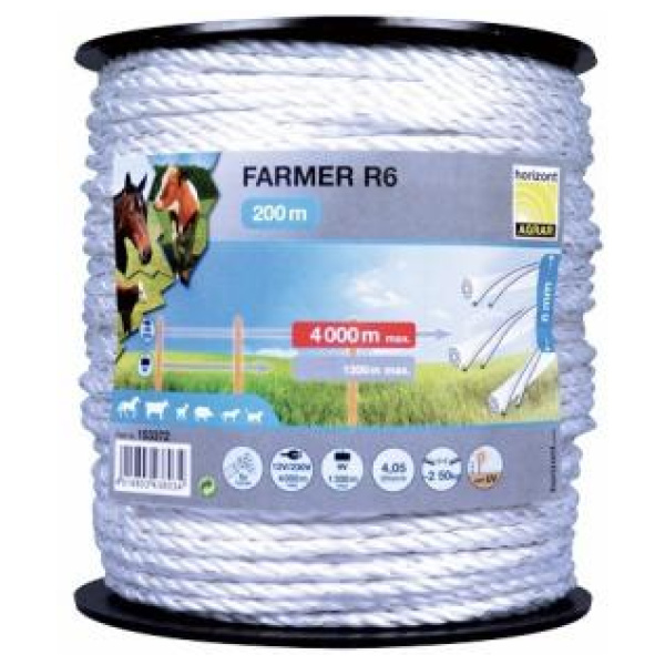 Rafgirðingareipi, 6mm, hv/gr, 200m