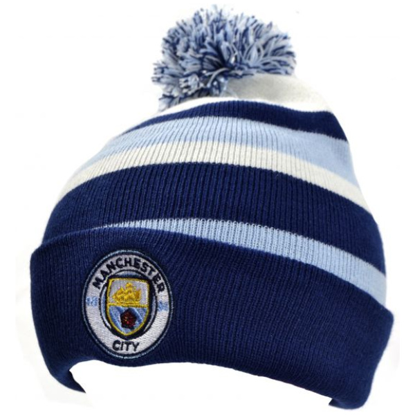 Húfa, prjóna, Manch.City FC, blá m.dúsk