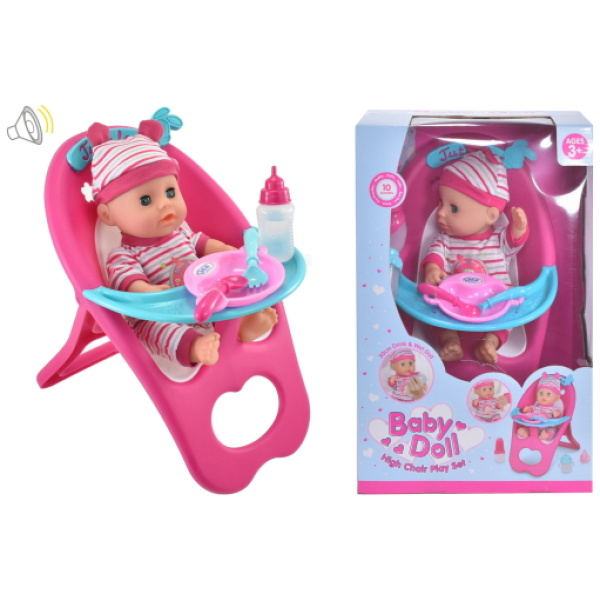 Dúkka og matarstóll m. aukahlutum